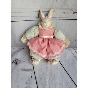 Rabbit Doll Figurine Shelf Sitter Ceramic Head, Hands Body Handmade Clothing